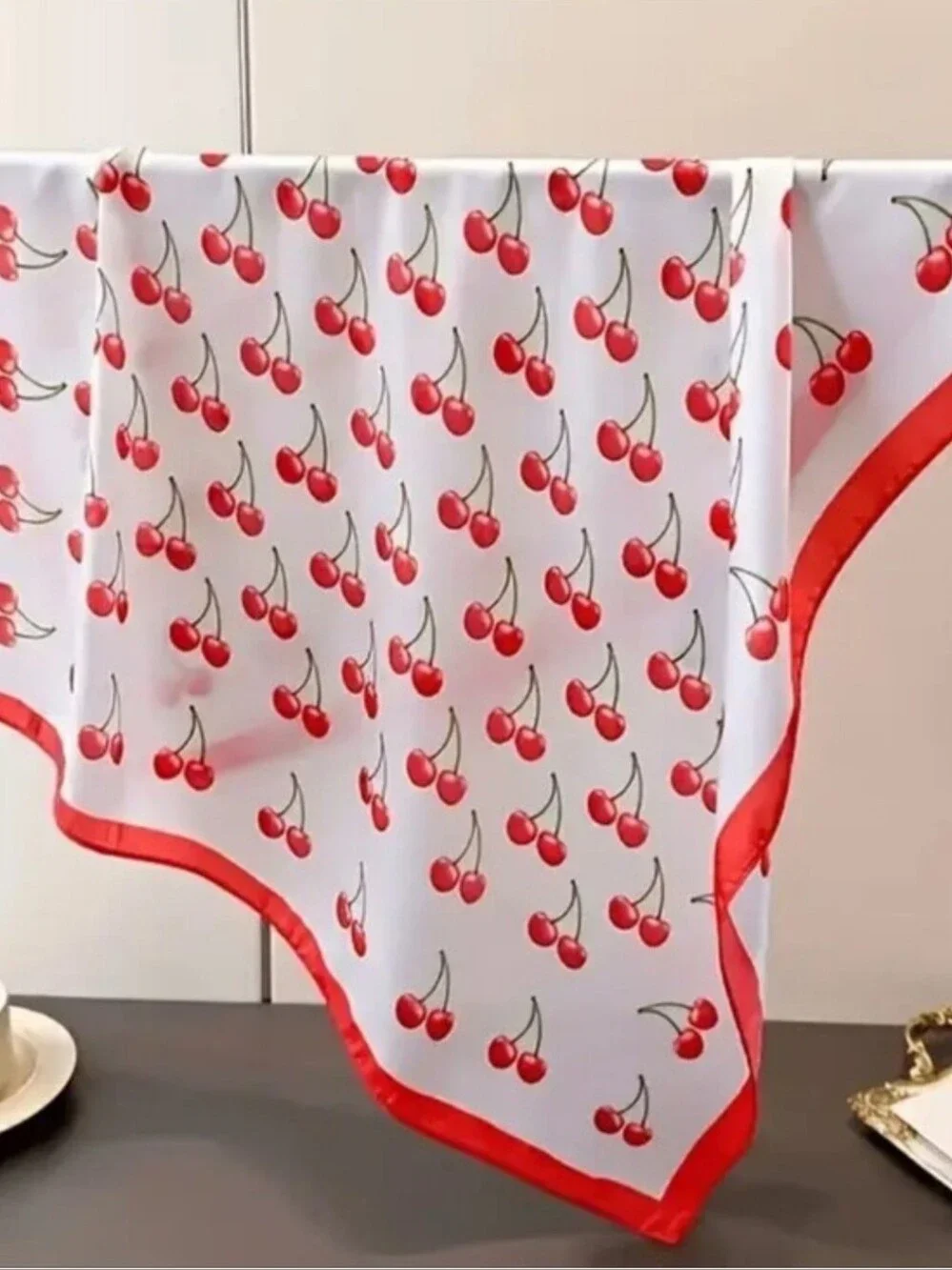 Silk-feel Cherry Print Satin Scarf - Red on White Head & Neck Scarf